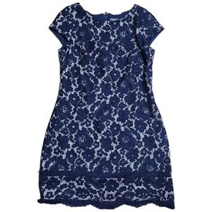 Vince Camuto Lace‎ Sheath Dress Women's Size 10 Navy Blue Cap Sleeve Knee Length